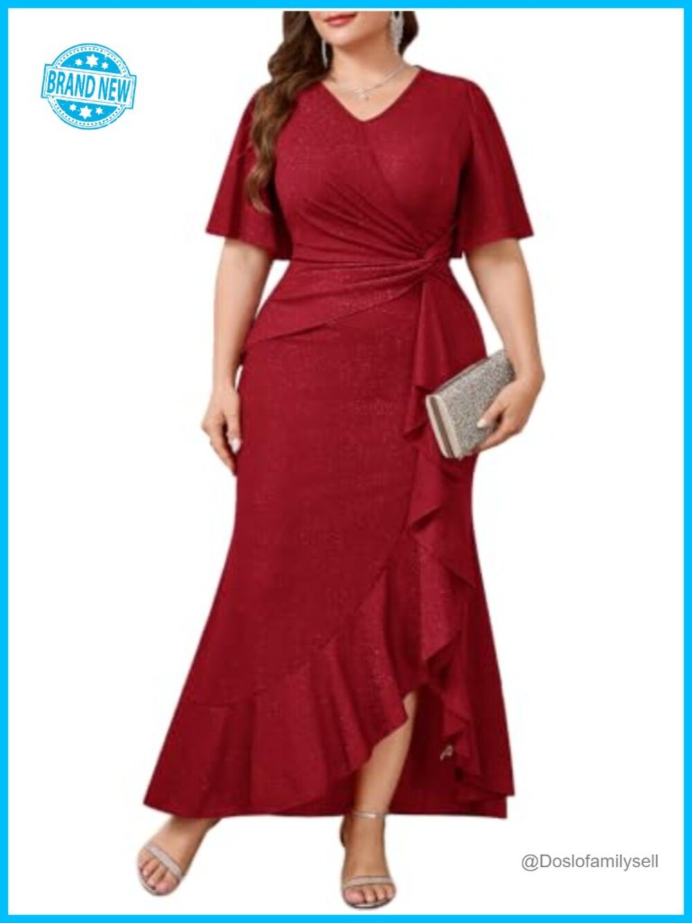 Plus Size Sparkly Glitter Formal Gown Slit Ruffle Hem Maxi Evening Dress Prom